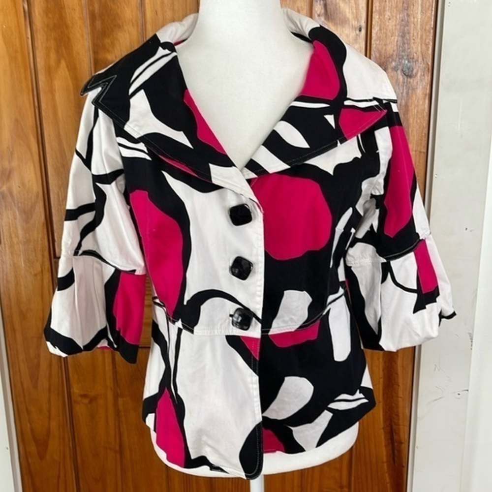 Clara Sun Woo Black White Fuschia Pink 3/4 sleeve jacket blazer Medium cotton